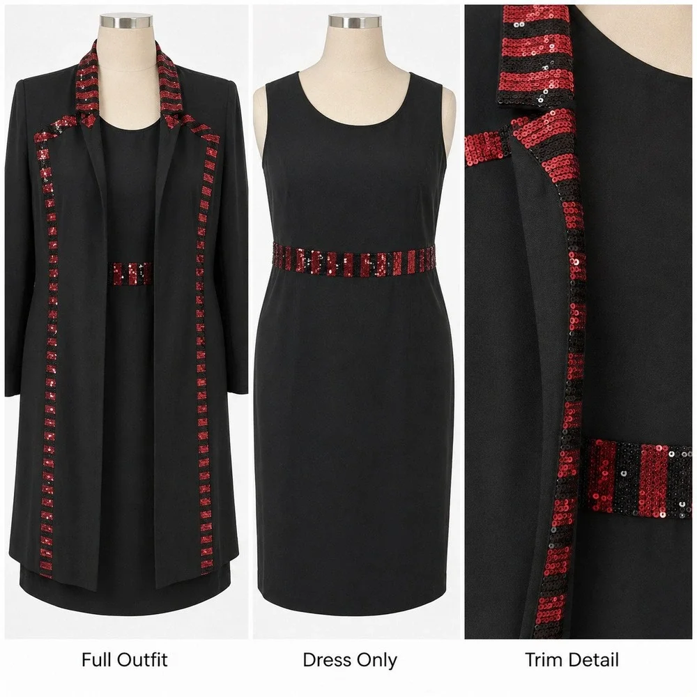 Ashro Womens 24W Black Red Sequin Trim 2 Piece Dress and Jacket Suit Set